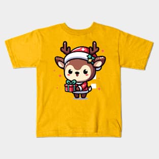 cute christmas deer holding a gift for everyone Kids T-Shirt